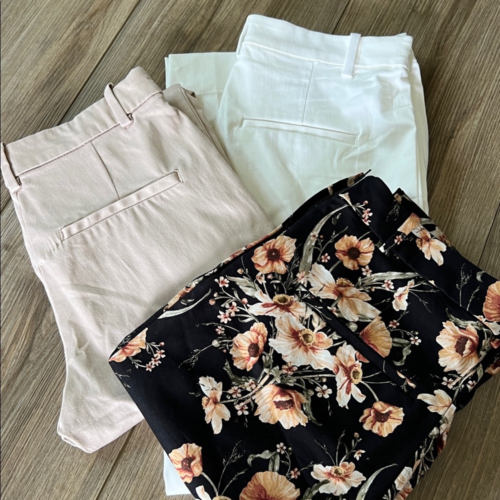 H&M Bundle of 3- Black Pants with Floral Print, Cream Pant & White, all Sz 6